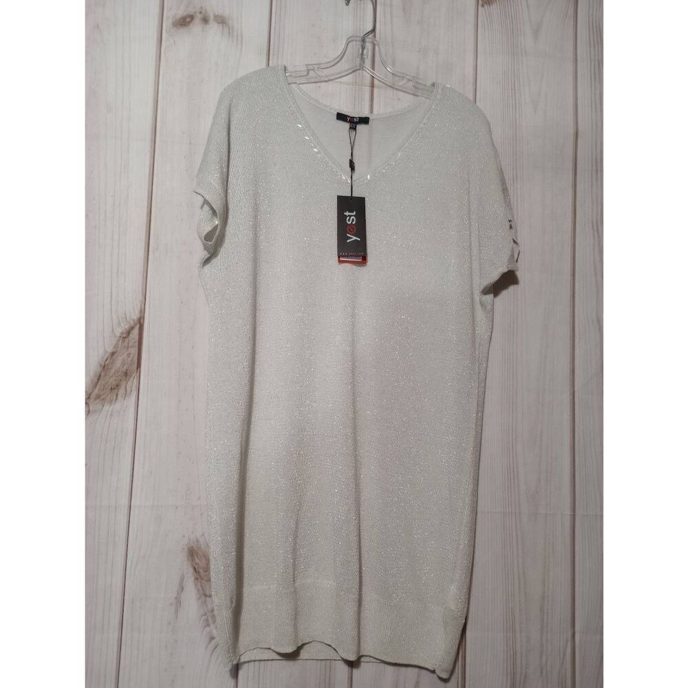 Yest Karine White Lurex Metallic‎ Beaded V-Neck Tunic Top Size 8 M 24313